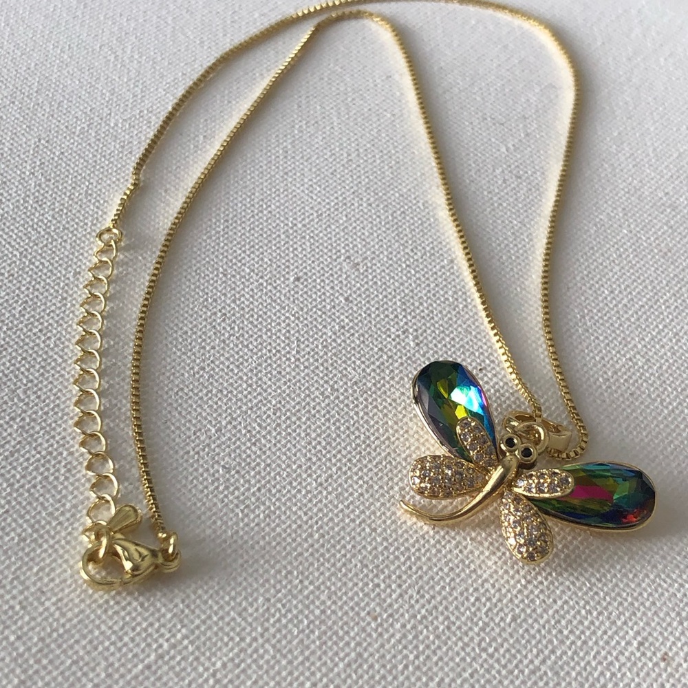 Gold Butterfly Pendant Necklace with Iridescent Crystal Wings